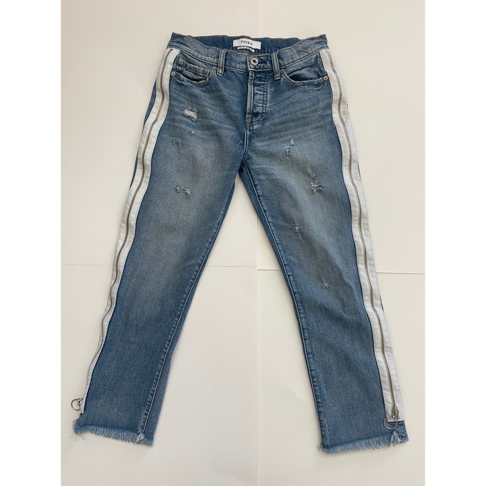Pistola Charlie high rise straight leg cropped jeans, zippered sides, raw hem